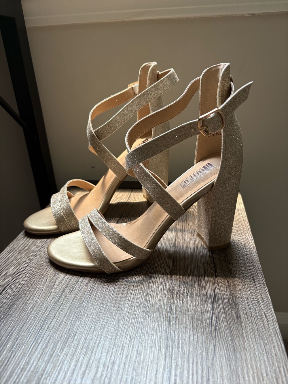 IDIFU Gold Glitter Strappy Block Heels